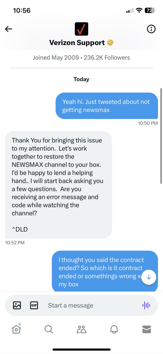 kercoy's tweet photo. @VerizonSupport Very simple ?  You said in initial tweet to me you don’t have contract with @NEWSMAX  but then asked me to DM and said in DM you could trouble shoot to get it working on my tv. https://t.co/5LLlAaMKu2
