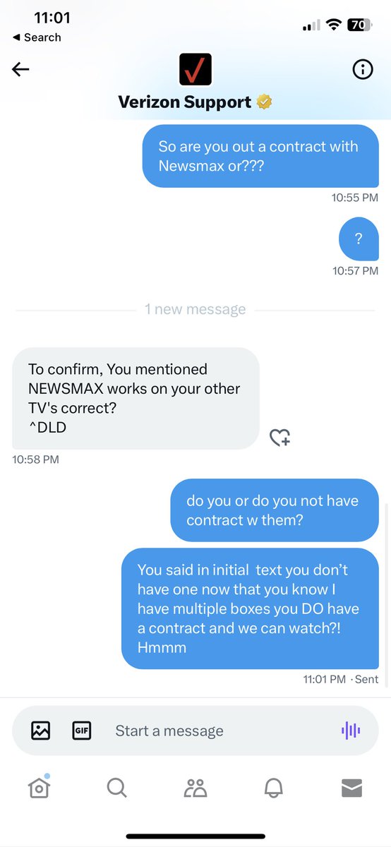 kercoy's tweet photo. @VerizonSupport Very simple ?  You said in initial tweet to me you don’t have contract with @NEWSMAX  but then asked me to DM and said in DM you could trouble shoot to get it working on my tv. https://t.co/5LLlAaMKu2