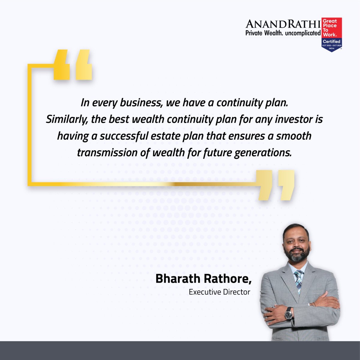 Our Executive Director, Bharath Rathore, shares his thoughts on the parallel between business continuity and wealth preservation to make wealth last for generations through a well-crafted estate plan. 

Know more: anandrathiwealth.in/landing

#mathematicalrevolution #Anandrathiwealth