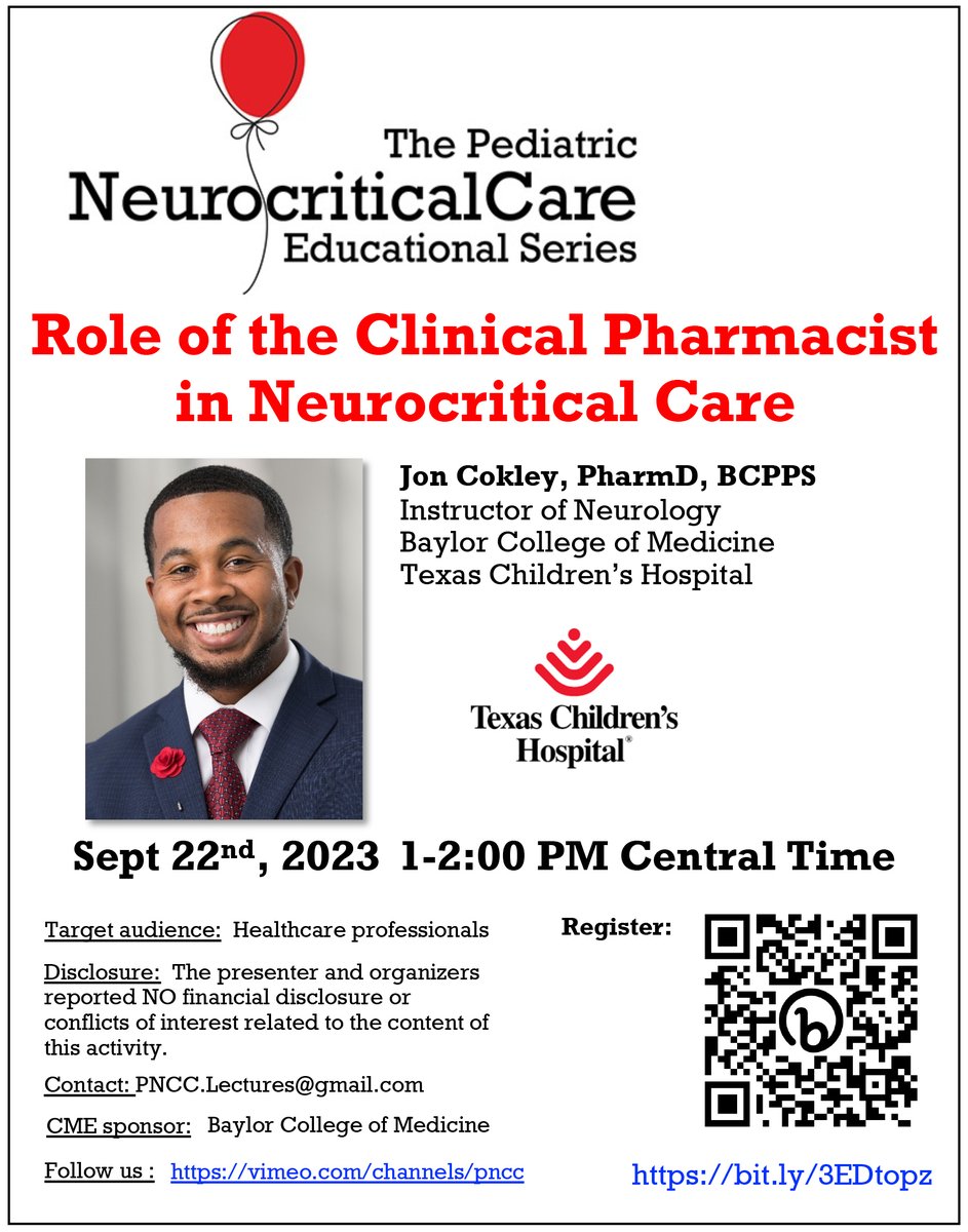 🌟#NeuroPICU Education Series🌟 We're very excited to bring PharmD expertise to our educational series! 🗓️Next Friday Sept 22, 1-2PM CST Jon Cokley (@NeuroPharmD) Role of the Clinical Pharmacist in Neurocritical Care ✅Register: bit.ly/3EDtopz #PedsICU please RT!❤️