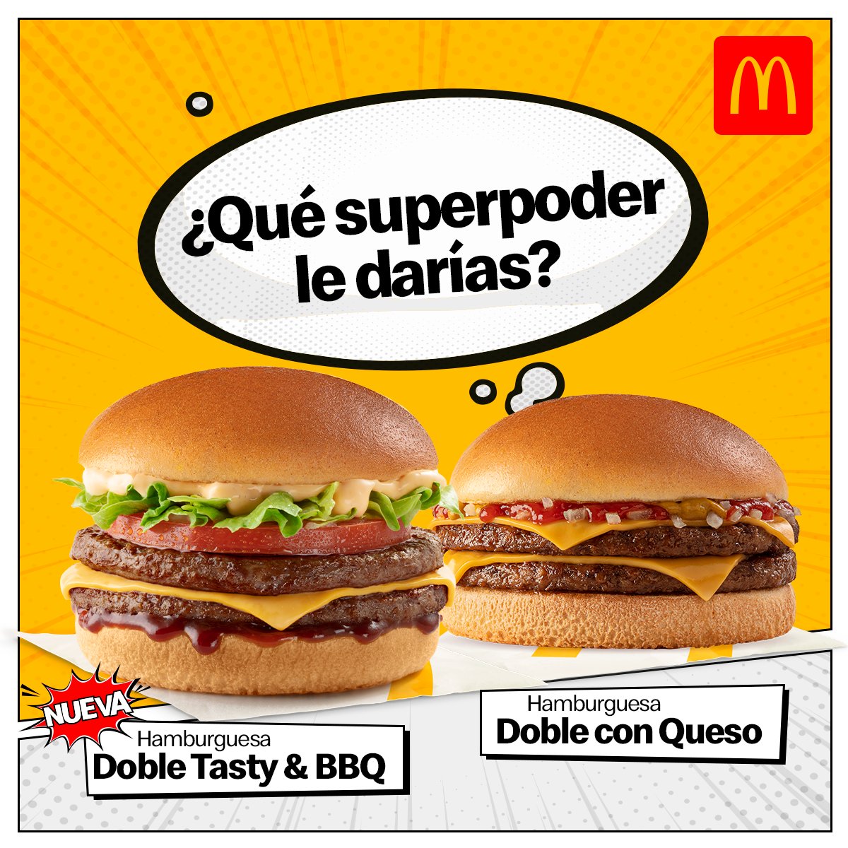 mcdonalds_py's tweet photo. Si pudieras elegir, 🤔 ¿qué otro superpoder le darías a #DobleSabor? 🦸🏼‍♀️⚡️
Mientras nos contás en los comentarios 👀 Pedí la Doble Tasty &amp; BBQ a Gs. 15mil o la Hamburguesa Doble con Queso a Gs. 13mil 🍔 en nuestros restaurantes y Automac 🚗 https://t.co/oXf3HnTBbS