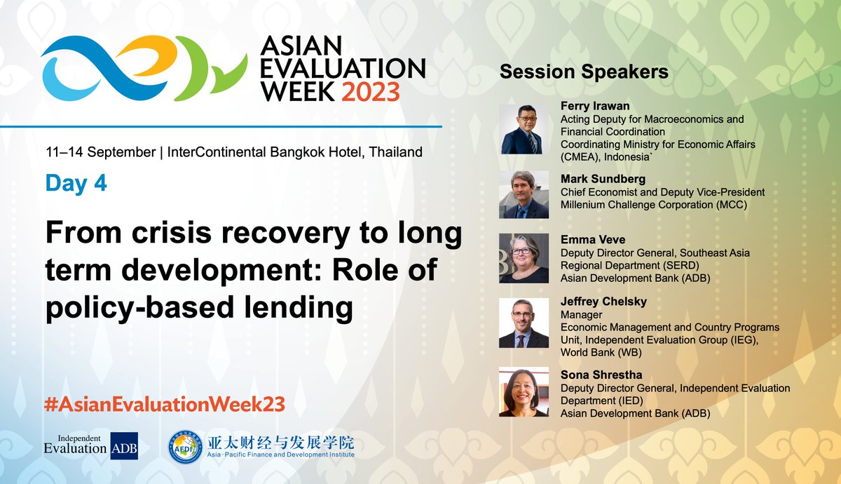 adbevaluation's tweet photo. This year's #AsianEvaluationWeek23 culminates in Plenary 3- From crisis recovery to long term development: Role of #policybasedlending
Discussion focuses on potential, risks, & roadย ahead for budget support.
More info: https://t.co/fnbCjrftDL
#evaluation #developmenteffectiveness https://t.co/VvaTlxkhUu