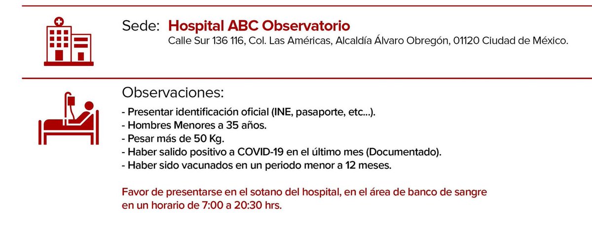 PabloReinah's tweet photo. Ayuda para un gran amigo @santosmondra 

Se solicitan donadores de plasma

Acudir al Hospital ABC de Observatorio, CDMX. 

Requisitos:
-Hombres menores a 35 años
-Positivos a COVID-19 en el último mes (documentado)
-Vacunados en el último año

Gracias! RT https://t.co/Pm7P0gPFep