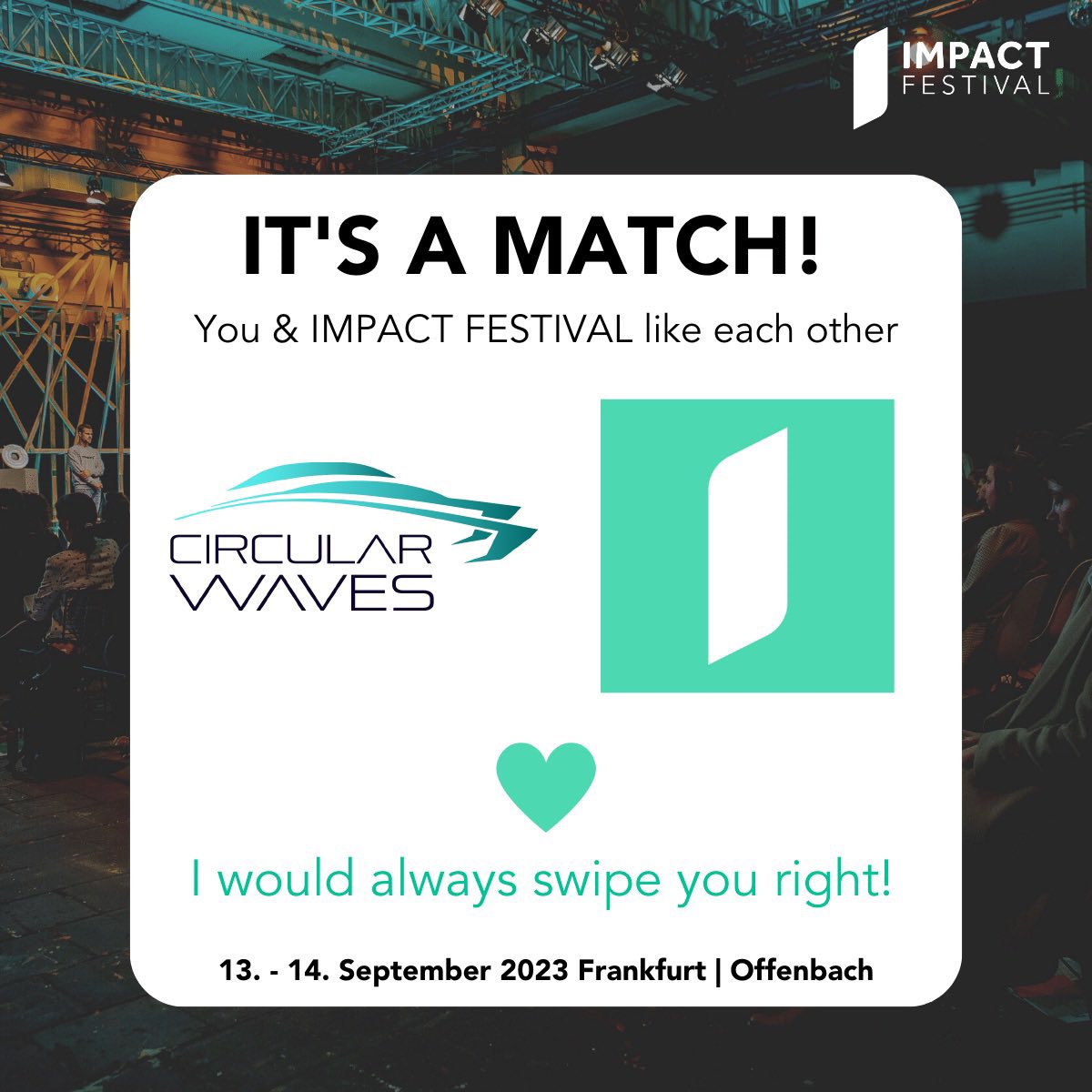CircularWaves's tweet photo. IT‘S A MATCH!
🌊 … at the IMPACT FESTIVAL with a focus on saving our oceans sustainably! 🌎 Join our team in fostering green collaborations and sustainable innovation. Let's make a positive IMPACT together! 💚 

#renewableenergy #earth #climateaction #recycling #circulareconomy https://t.co/kqPZS7pw2C