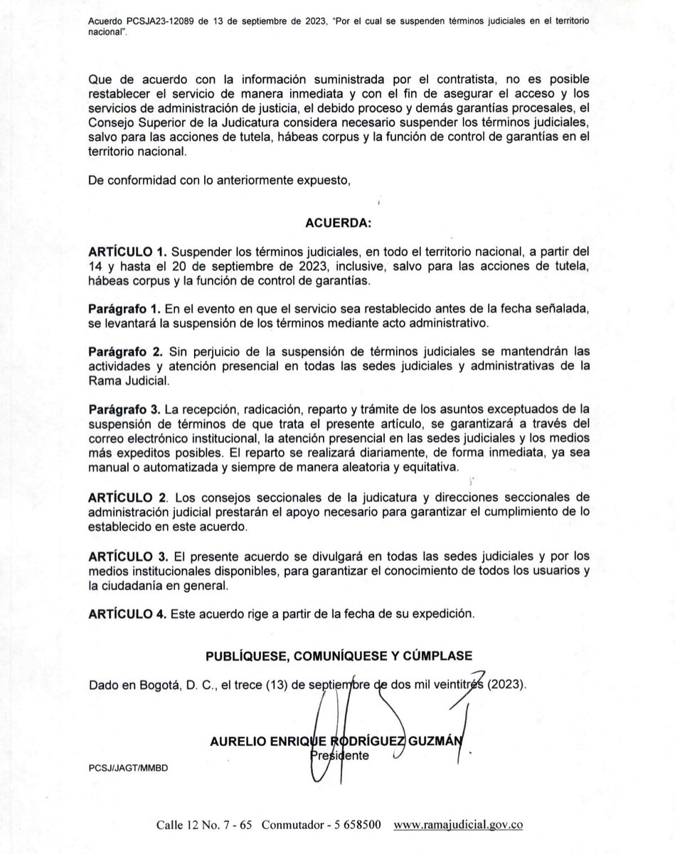 🚨
Consejo Superior de la Judicatura.
Suspende los términos judiciales, en todo el territorio nacional, a partir del 14 y hasta el 20 de septiembre de 2023, inclusive, salvo para las acciones de tutela, hábeas corpus y la función de control de garantías.

drive.google.com/file/d/1GyRg4v…