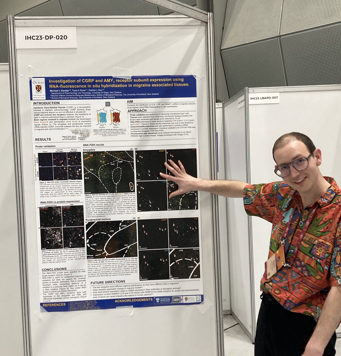 Come to my poster (DP-020) at #IHC2023! CGRP-responsive receptors in migraine relevant zones, and RNA vs Protein expression 🤜💥🤛. I have nice pictures, love GPCRs, and have many hand gestures. So many thanks to @NeurologicalNZ for helping me get here!