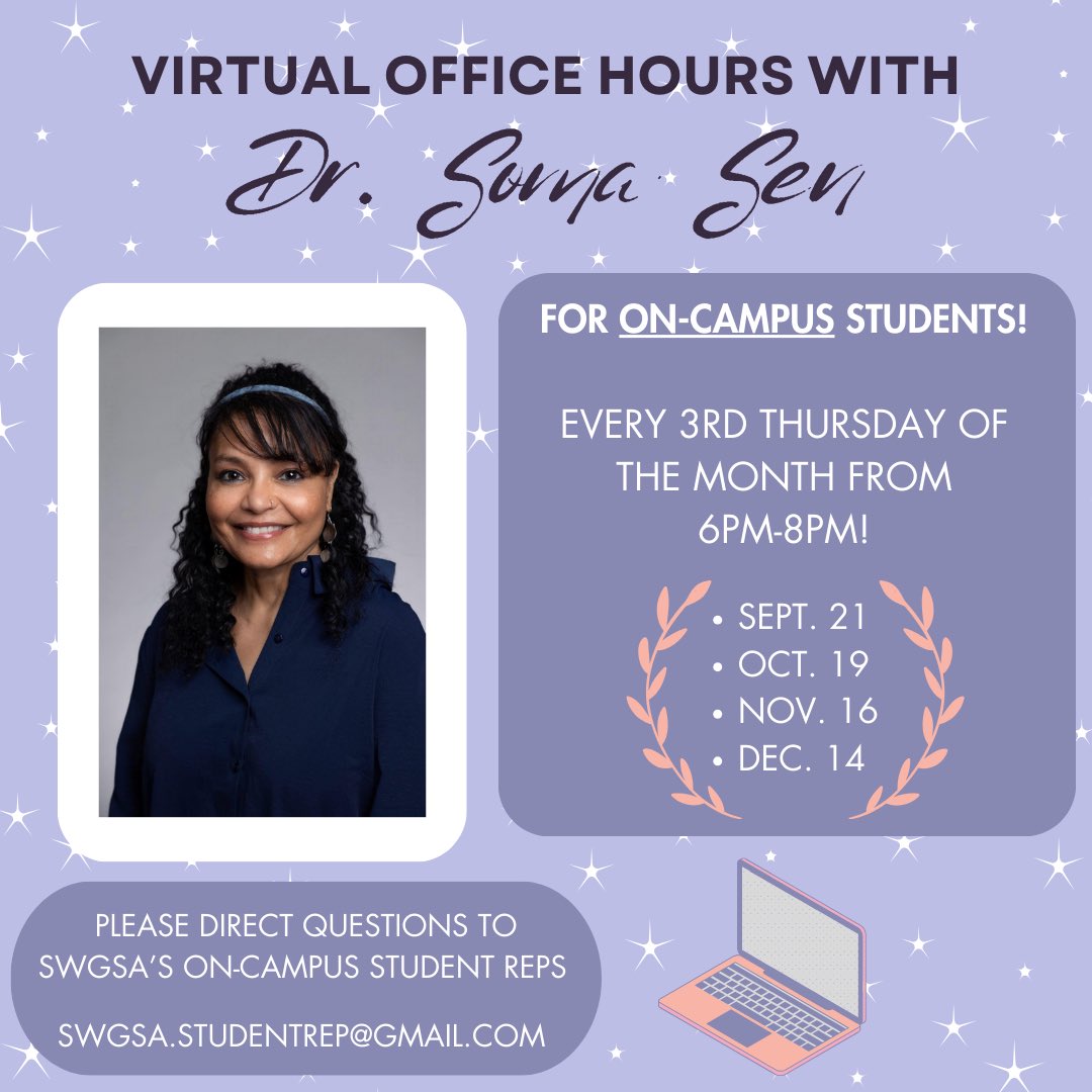 sjsuSWGSA's tweet photo. Office hours with Dr. Sen for on-campus students! Zoom link will be emailed. Come chat all things social work! 💻🎉 https://t.co/doOrZ4AQ3P