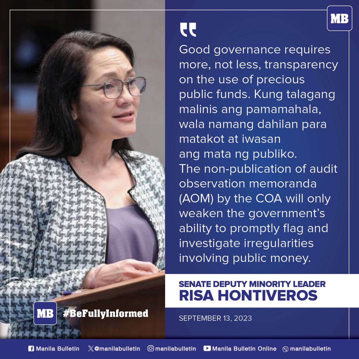 Senate deputy minority leader Risa Hontiveros on Wednesday, September 13, scored Ombudsman Samuel Martires’ proposal for Congress to remove provisions in the annual national budget that require publication of Commission on Audit (COA) reports on government agencies. 

READ: