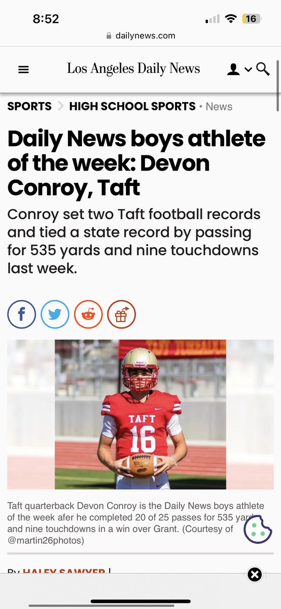 Devon Conroy (@devonconroy16) on Twitter photo Thank you to LA Daily News and <a href="/haleymsawyer/">Haley Sawyer</a> for naming me boys athlete of the week!
<a href="/CoachEmmerson/">Coach Fred Emmerson</a> <a href="/coach_word/">Blake Word</a> <a href="/TaftFBRecruits/">Taft Charter Football Recruiting</a> Thank you to LA Daily News and <a href="/haleymsawyer/">Haley Sawyer</a> for naming me boys athlete of the week!
<a href="/CoachEmmerson/">Coach Fred Emmerson</a> <a href="/coach_word/">Blake Word</a> <a href="/TaftFBRecruits/">Taft Charter Football Recruiting</a>