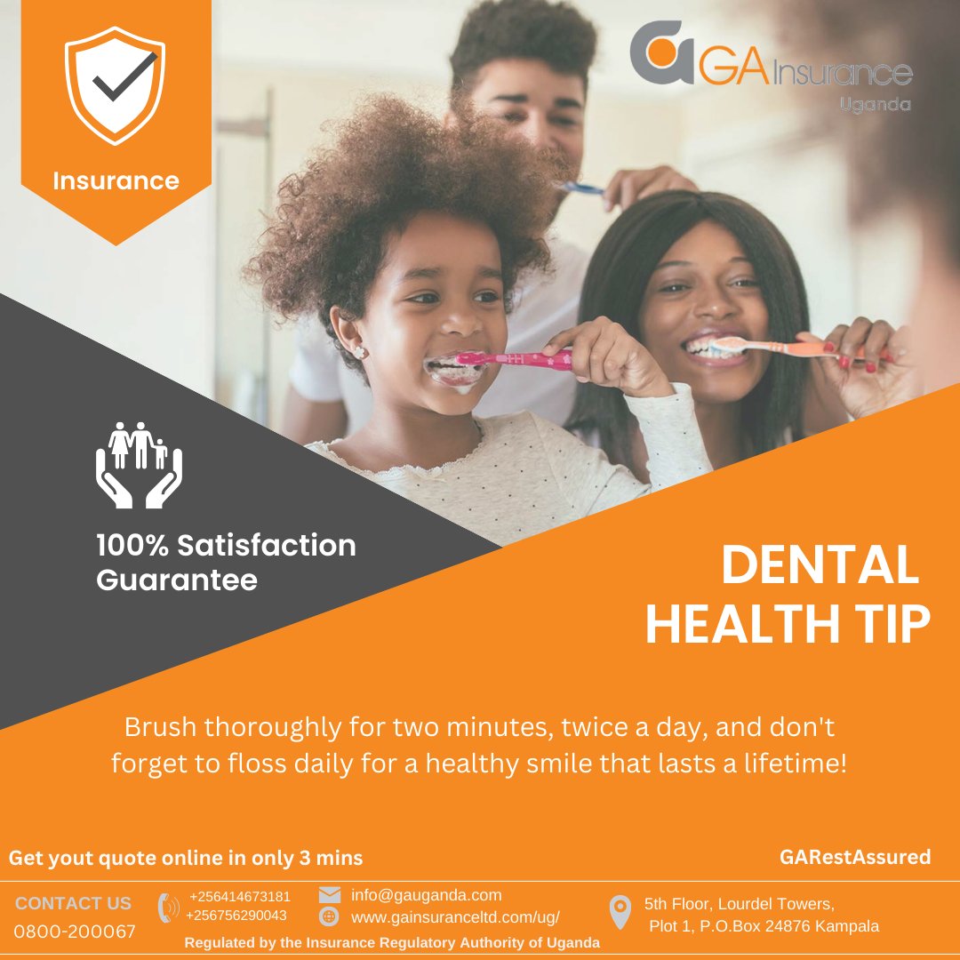 ga_uganda's tweet photo. Brush your teeth twice a day with fluoride toothpaste for at least two minutes each time you brush.
#GAInsuranceUganda #healthtips #DentalCare #dentalcare https://t.co/iAFLNLjLJD