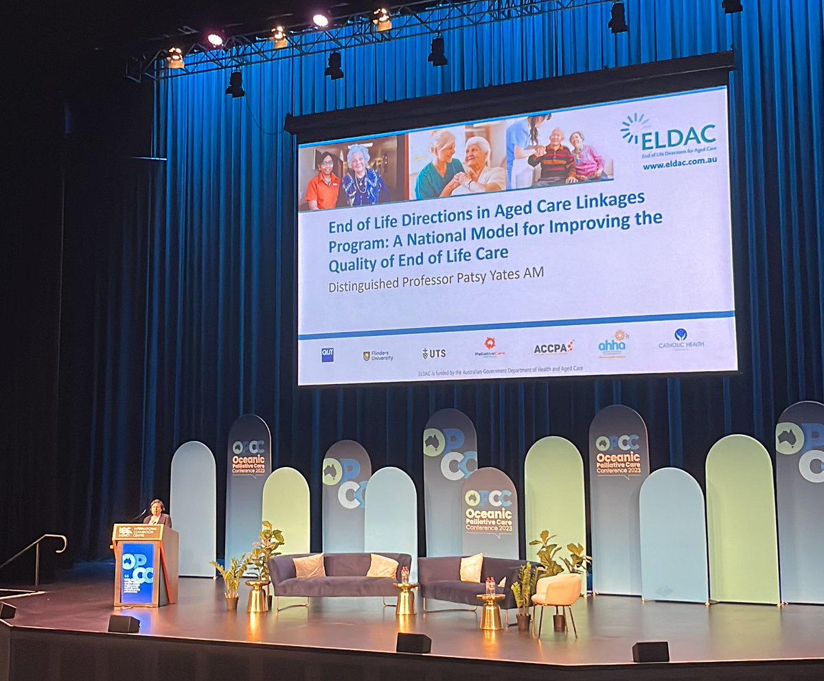 An overview of ELDAC by Distinguished Prof @patsymyates at #23OPCC - a project which is fundamentally about implementing #PalliativeCare change in #AgedCare via education, information & advice