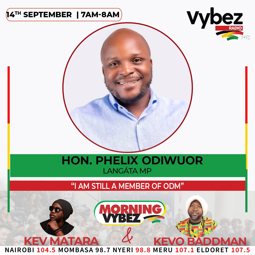 Good morning MVPS: Join <a href="/JalangoMwenyewe/">JALANG'O</a> Langáta MP on #MorningVybez 
 "I am still a member of ODM"
Livestream:standardmedia.co.ke/vybezradio/wat…
<a href="/KevMatara/">OTADA</a> &amp; <a href="/KevoBaddman/">Kevo Baddman</a>