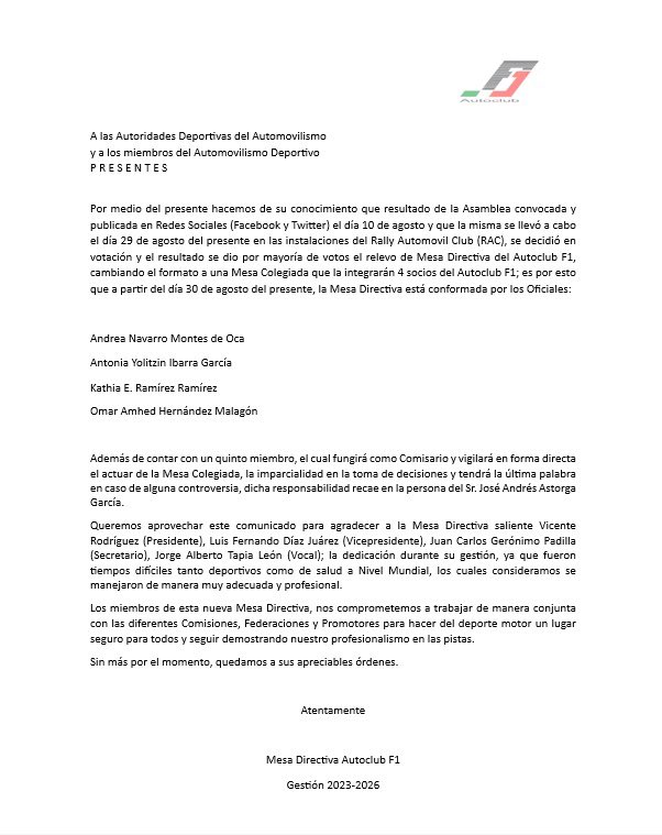 COMUNICADO DE LA MESA DIRECTIVA AUTOCLUB F1