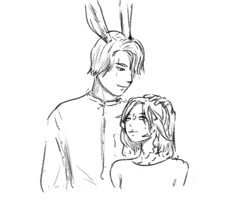 A quick sketch of me and mah husbun by <a href="/nlya_xiv/">Nylon Fiber🪢</a> 😍🧡

She did this while we were farming Rival Wings!

More art from her very very soon 😁

#FF14art #ElementalDC #FF14