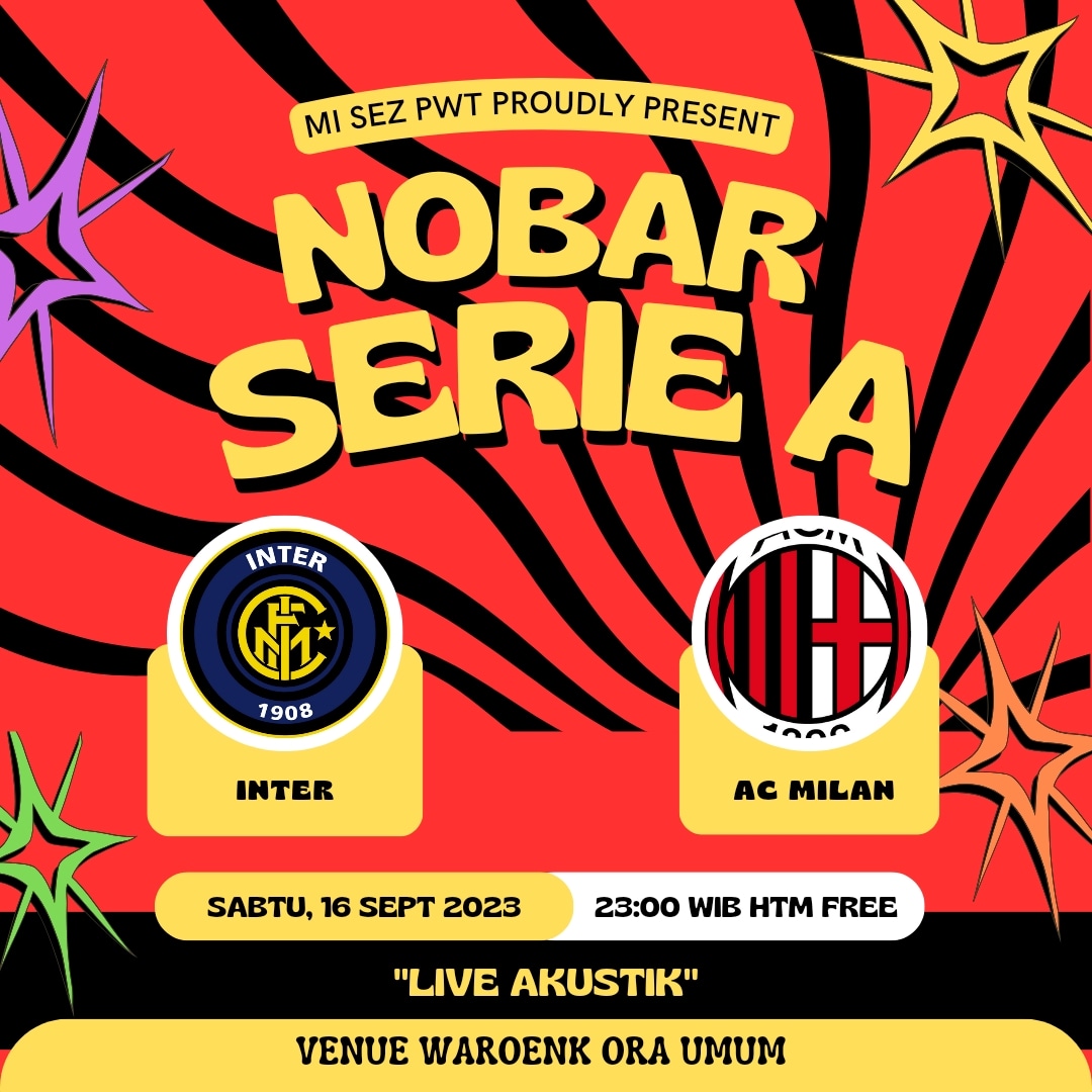 •Nobar Serie A Giornata 4•

"DERBY DELLA MADONNINA"
🔵⚫️ VS 🔴⚫️

Mumpung jam sehat dan harinya juga pas, Sabtu malam.
Sebelum kick off juga akan ada live akustik dari salah satu member kita, jadi yg mau ikutan nyanyi juga boleh. 

Yok, ramaikan nobarnya, lur!