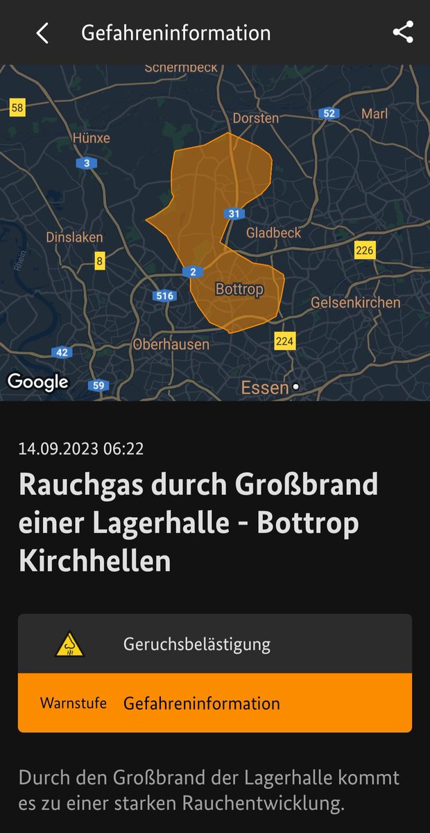 In #Kirchhellen brennt eine Lagerhalle. Dadurch kann es zu einer Geruchsbelästigung kommen. Die WarnApp #NINA wurde ausgelöst. 

#EinsatzfuerBottrop #Bottrop #Warnung #feuerwehr