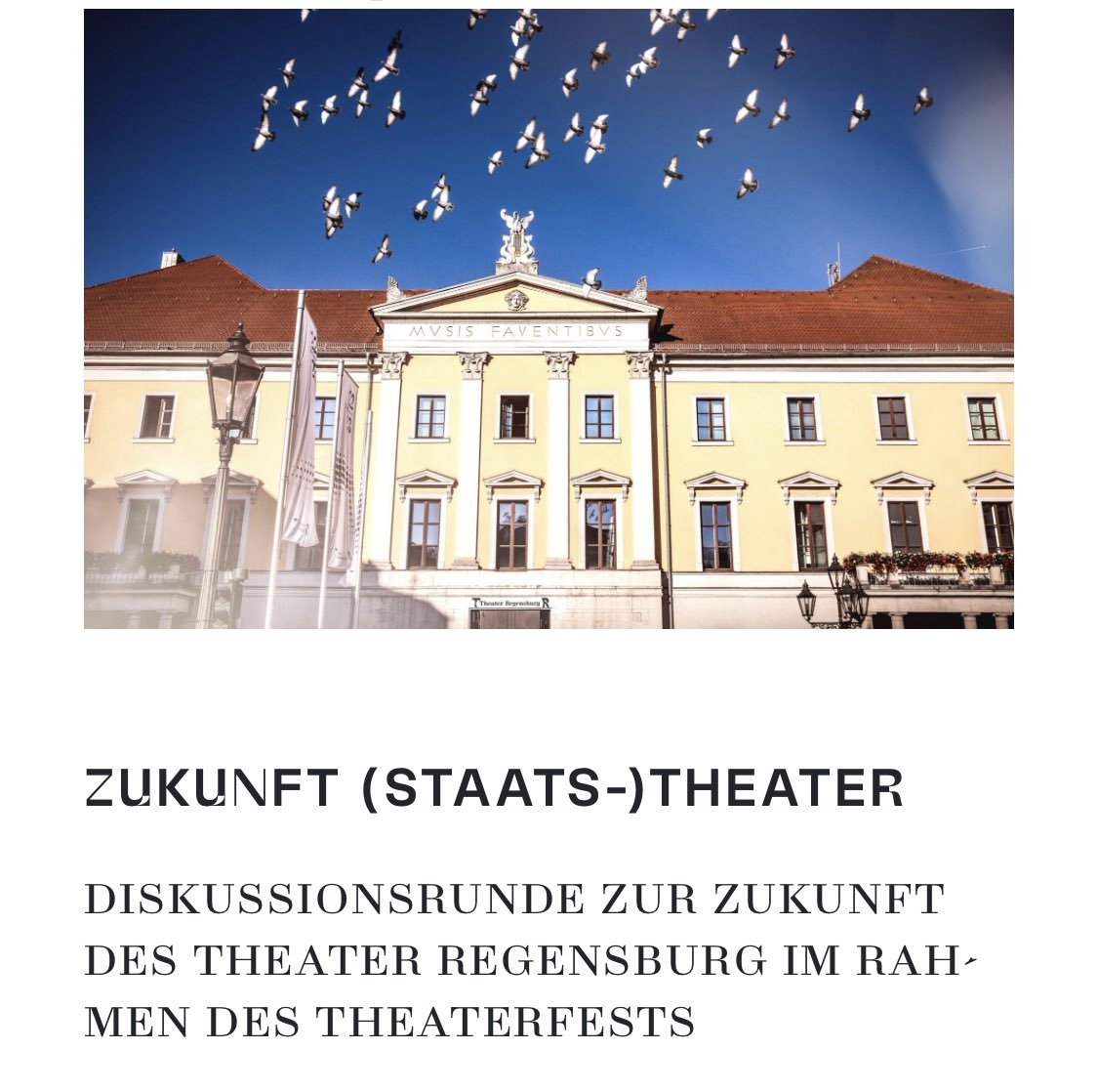 Zwei Zukunftspanels diesen Samstag am Theater Regensburg! 

Das <a href="/theaterRGNSBRG/">Theater Regensburg</a> wird ab der Saison 2025/2026 ein Staatstheater sein – doch was bedeutet das und wie wird das Theater der Zukunft aussehen? In  verschiedenen Formaten werden wir uns  bis dahin mit der Zukunft des