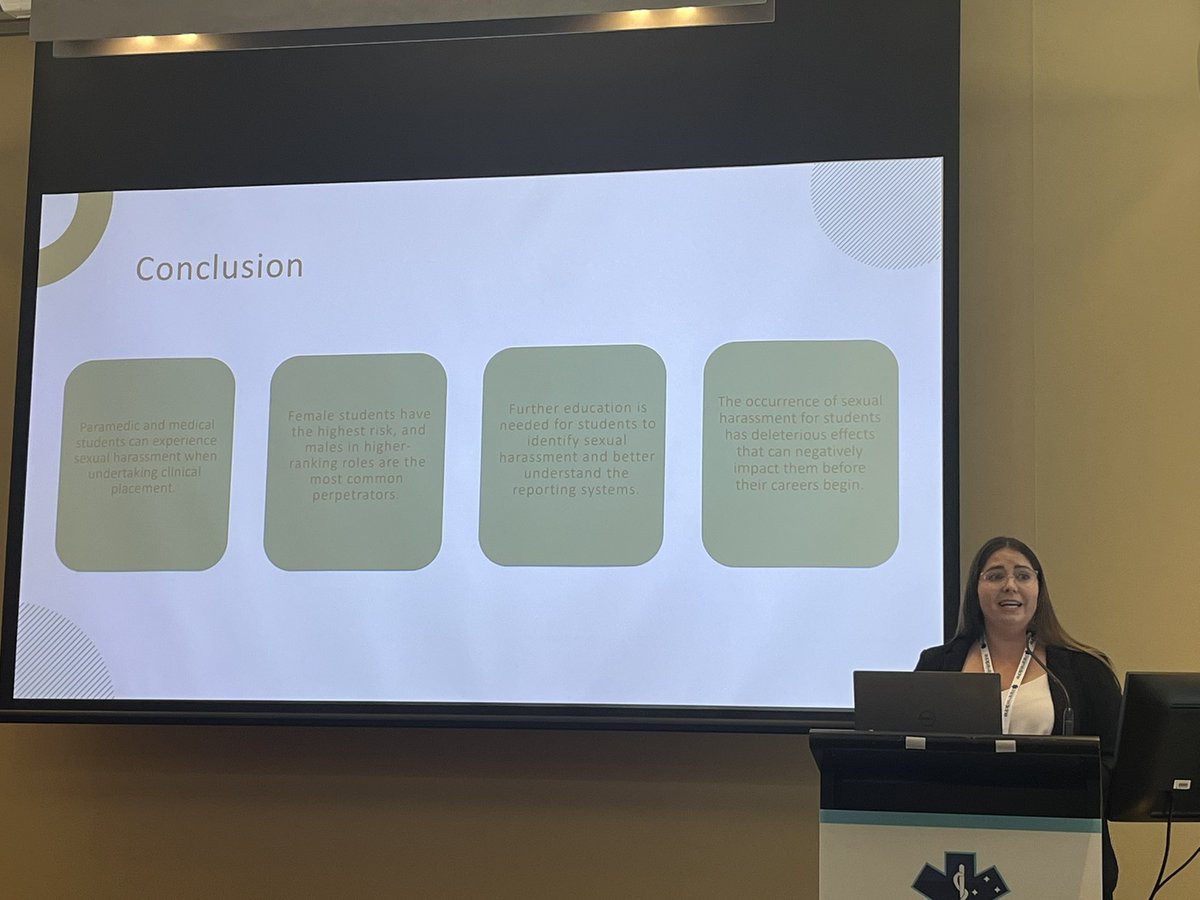 jlynnbolster's tweet image. @Hannah_Stack_ presenting the results of her systematic scoping review which looked at paramedic and medical students’ experiences of sexual harassment during clinical placements. 

Addressing gaps in knowledge and process with reporting structures is a 🔑 priority.