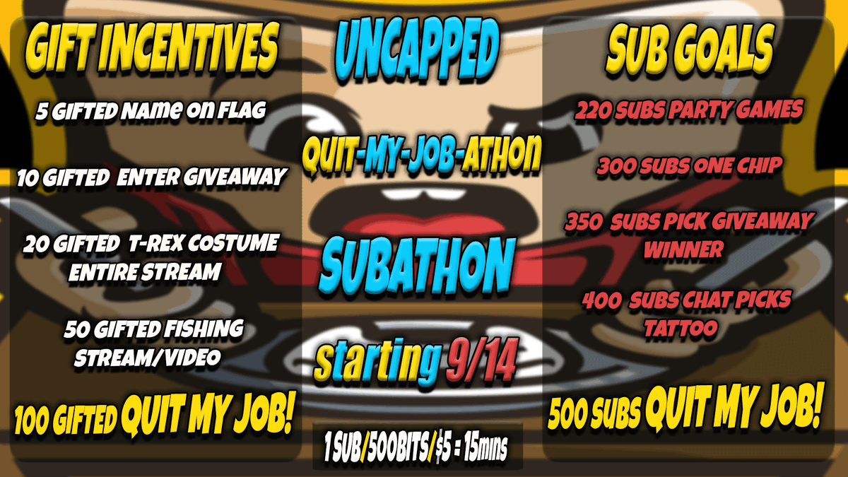 HamcheeseYT's tweet image. Uncapped QuitMyJobAthon - Subathon Starting tomorrow night!

🧀 1 sub = 15 mins

🧀500 bits = 15 mins

🧀 $5 dono = 15 mins