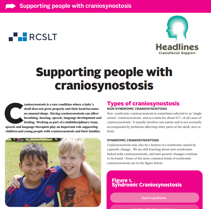 Happy #CraniosynostosisAwarenessMonth everyone!

To mark it, a big <a href="/RCSLT/">RCSLT 💙</a> shout out to:
▶️ #SLPeeps who work with people with #Craniosynostosis &amp; their families
▶️ Our friends <a href="/HeadlinesCranio/">Headlines Craniofacial Support</a> for all they do

Check out our #RCSLTFactsheet ▶️rcslt.org/wp-content/upl…

1/2