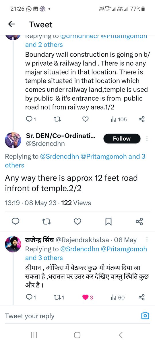 Pritamgomoh's tweet photo. @narendramodi @AshwiniVaishnaw @gmhajipurgmail1 @drmdhnecr railway doing work same road going from purani bazar gomoh towards hazi mohalla forcefully encroaching road at down area sr den/co have said there is 12 "road infront of temple is it12" or duet policy done by Rail. https://t.co/frjM6ME6pE