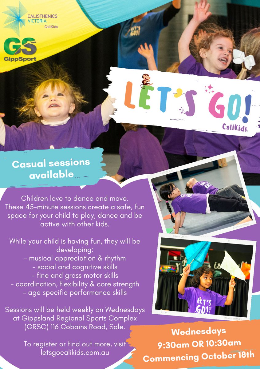 RegionalSprtVic's tweet photo. RSV and Calisthenics Victoria are teaming up together to provide 'Let’s Go Cali Kids' sessions in Sale.

The program will be delivered by @GippSport, and encourages kids in Sale to get moving!

For further information and to register click here: https://t.co/T6GlQQkdJ3 https://t.co/rmhEboZfxW