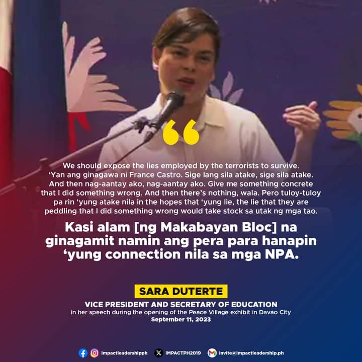 iMPACTPH2019's tweet photo. 'LIES EMPLOYED BY THE TERRORISTS'?

VP Sara Duterte calls critics who have questioned the use of her confidential funds "terrorists". She also said that she is using the funds to find the connections between the Makabayan Bloc and the NPA.

#BantayBudget2024 https://t.co/V41dl59HG1