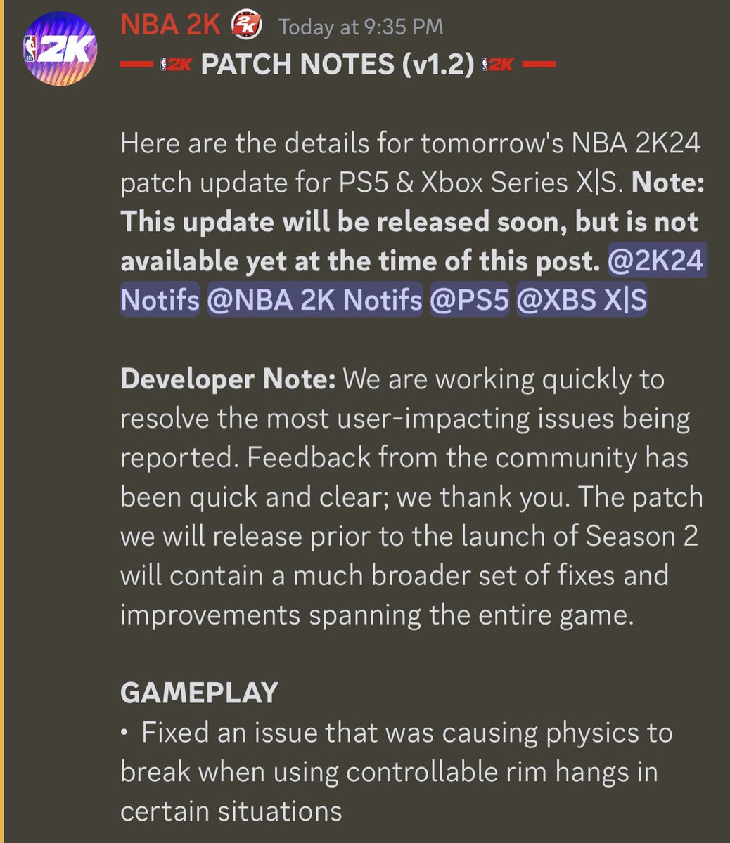 JABridgeforth's tweet photo. NBA 2K24  |  PATCH 2 NOTES

“Update will be released soon”

(via NBA 2K/Discord) https://t.co/EFjqiEjGPe