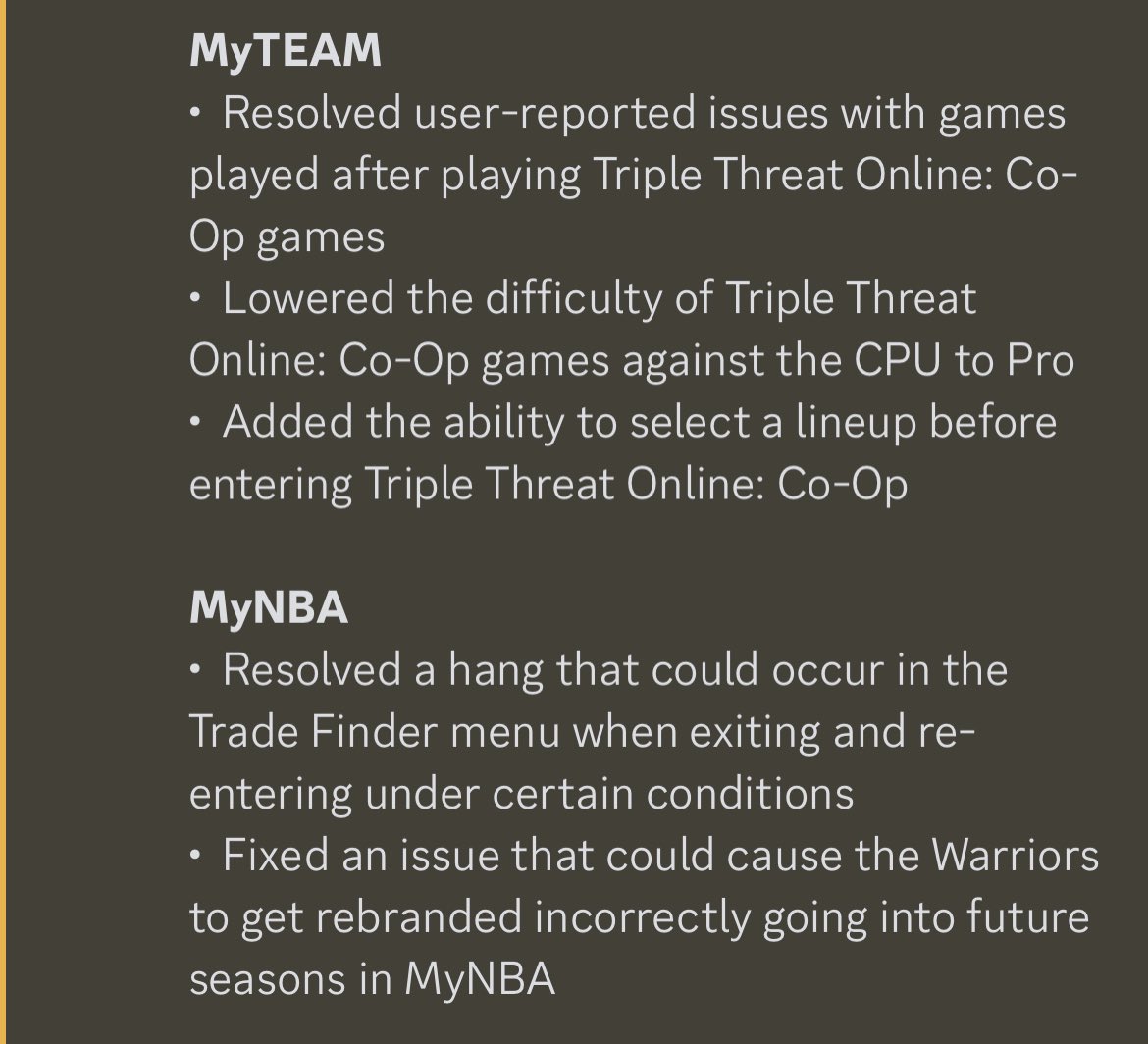 JABridgeforth's tweet photo. NBA 2K24  |  PATCH 2 NOTES

“Update will be released soon”

(via NBA 2K/Discord) https://t.co/EFjqiEjGPe