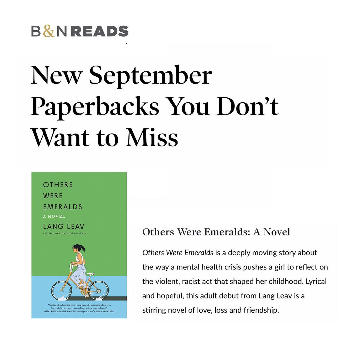 Thanks Barnes &amp; Noble for including Others Were Emeralds by <a href="/langleav/">Lang Leav</a> in your list of “New September Paperbacks You Don’t Want to Miss 💚💙