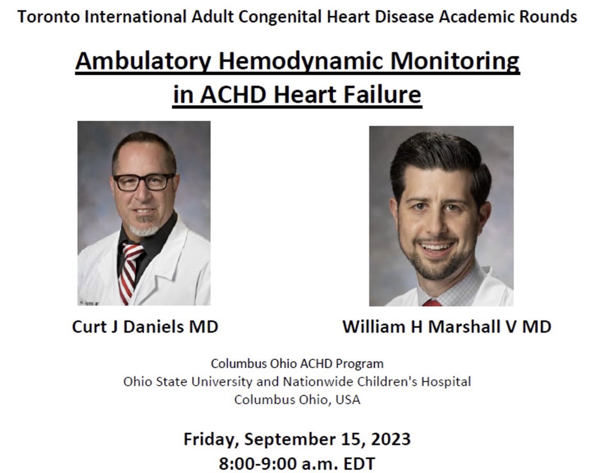 This week in the Toronto International ACHD Rounds, Dr. Daniels and Dr. Marshall will discuss about innovative methods for ambulatory hemodynamic monitoring in ACHD-HF patients. Join live at meet.goto.com/232363165 #ACHD @TorontoACHD @PMunkCardiacCtr