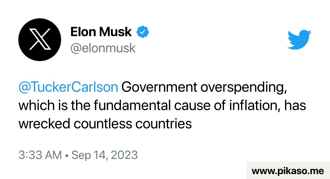 davideduardocy's tweet photo. 🇺🇲| Elon Musk (@elonmusk) a Tucker Carlson (@TuckerCarlson): "Gasto excesivo del gobierno, que es la causa fundamental de la inflación, ha arruinado a innumerables países". https://t.co/z645o5sndR