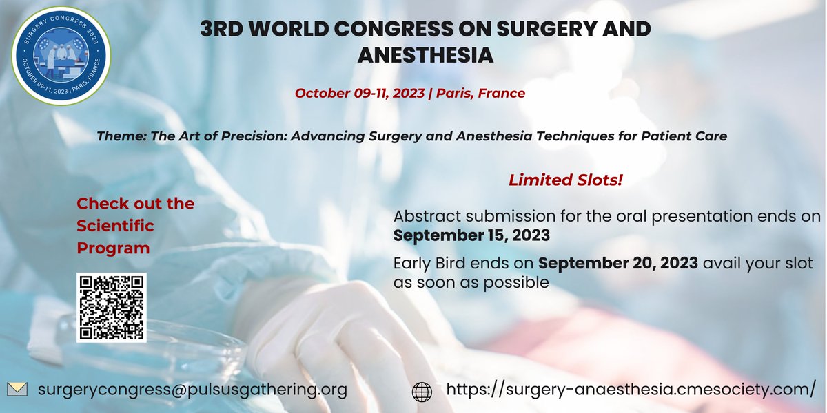 Exciting News: Surgery Congress 2023 Program Revealed! 

🗓️ Explore our comprehensive program by visiting:surgery-anaesthesia.cmesociety.com/scientific-pro…

Hurry, as there are only a few spots left for Oral and Poster Sessions.
#SurgeryUpdates #MedicalInnovation #PatientCare