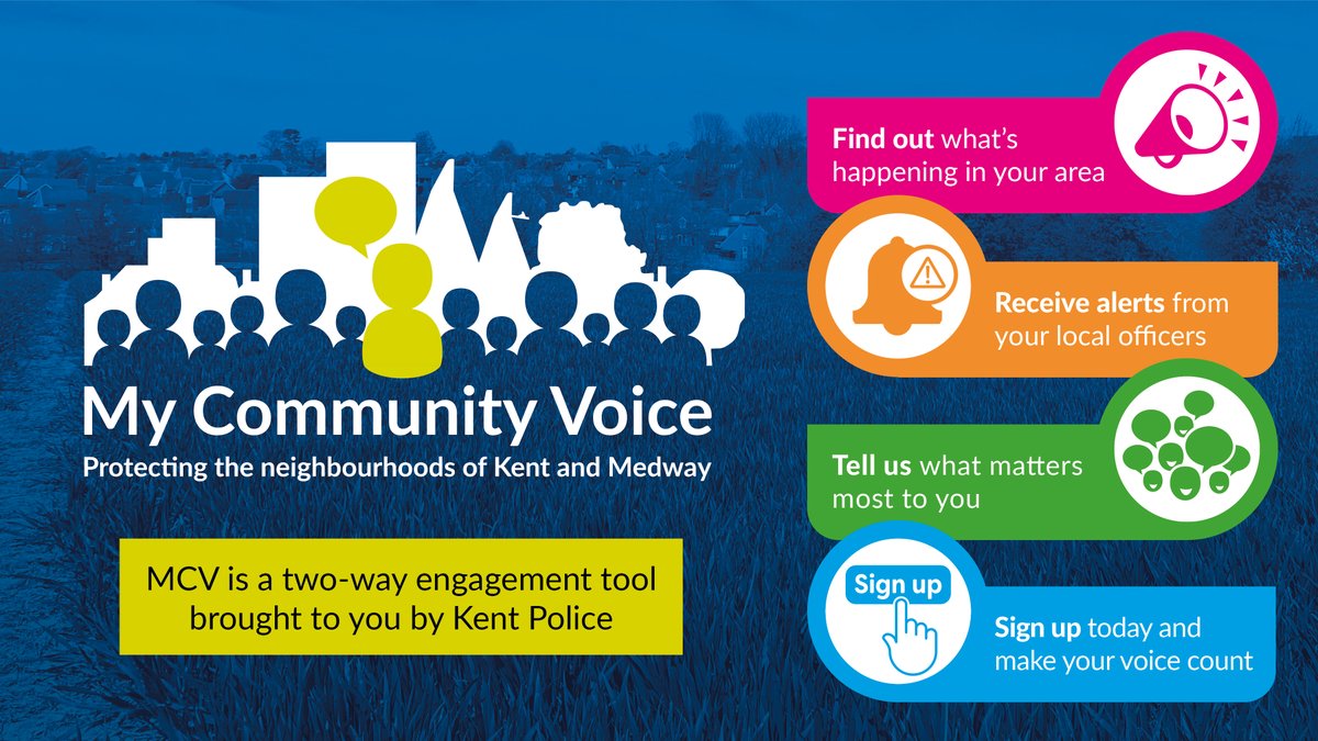 KentPoliceTWell's tweet image. Sign up to My Community Voice, a two-way engagement platform. Receive notifications from your Neighbourhood Beat Officer on how they are tackling county priorities. Be a community voice and respond to topics and tell them what matters most to you: mycommunityvoicekent.co.uk