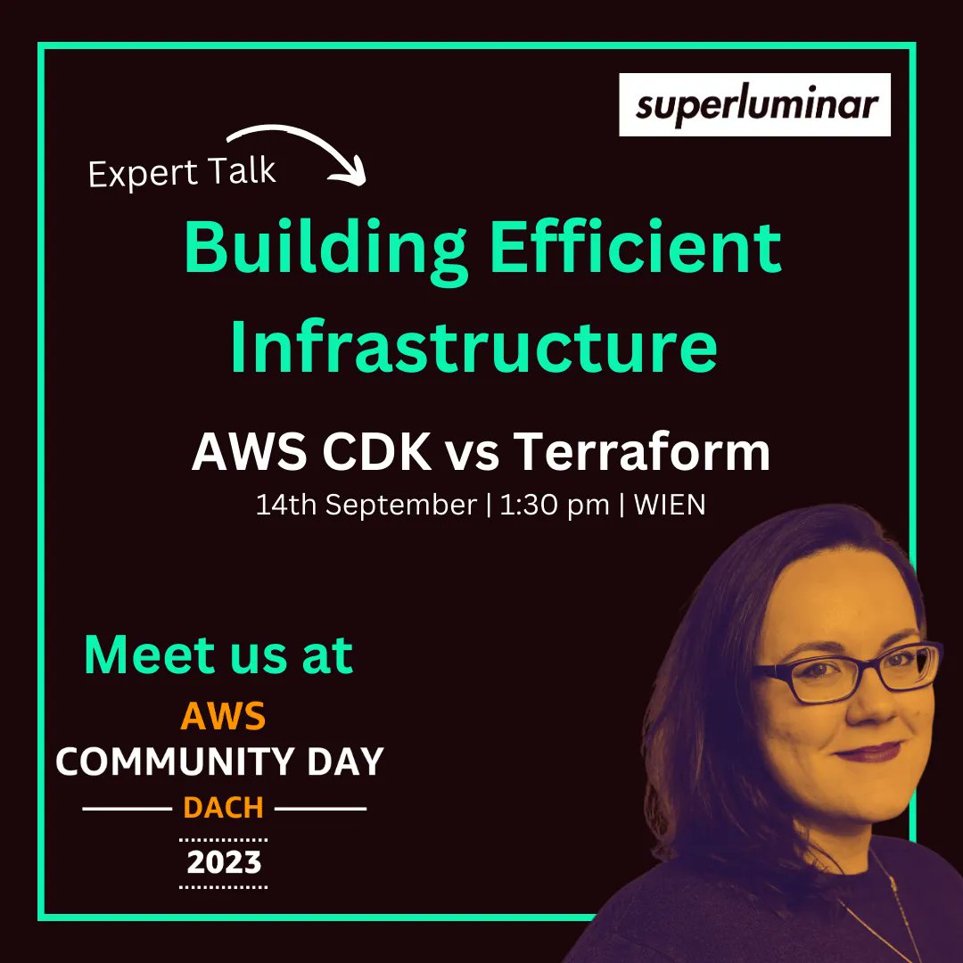 "Building Efficient Infrastructure: AWS CDK vs Terraform" 🚀 Ever wonder "What if I used the other tool to set up my AWS infrastructure"? Our consultant <a href="/wolkencode/">Nora Schöner @wolkencode@awscommunity.social</a> will guide you through AWS CDK vs Terraform on 14th September at #AWSCommunityDayDACH | buff.ly/3RcBvB1