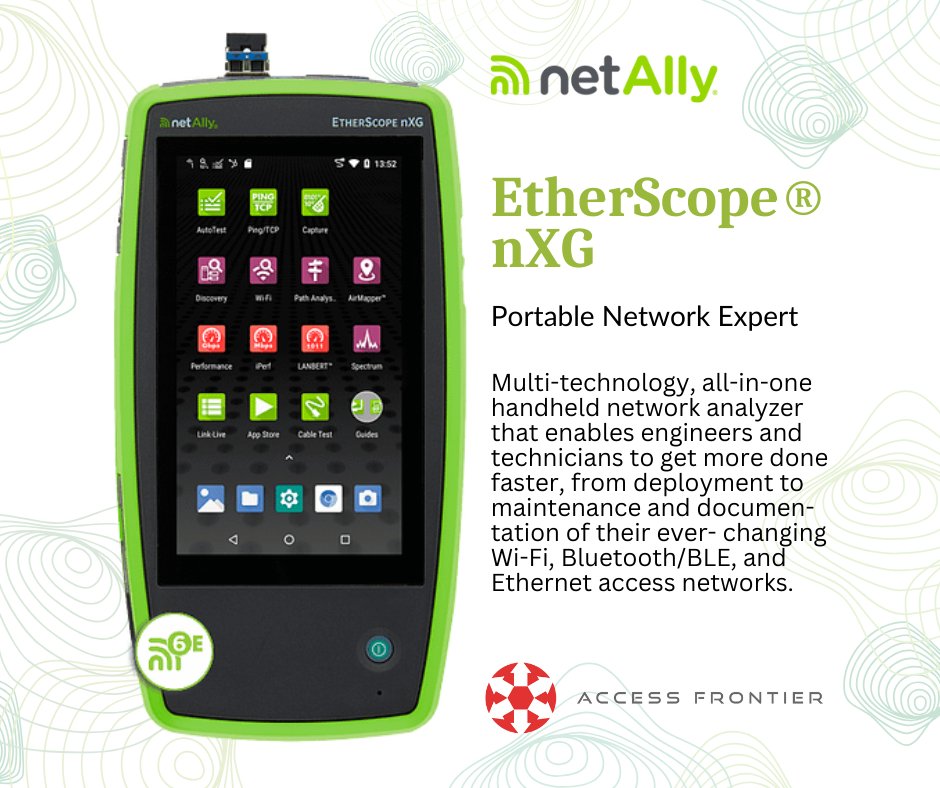 AccessFrontier's tweet image. EtherScope® nXG
Portable Network Expert
📌Verify up to 10G Ethernet link performance for critical servers, key end devices, and validate WiFi network performance.

#NetAlly #etherscope #networkexperts