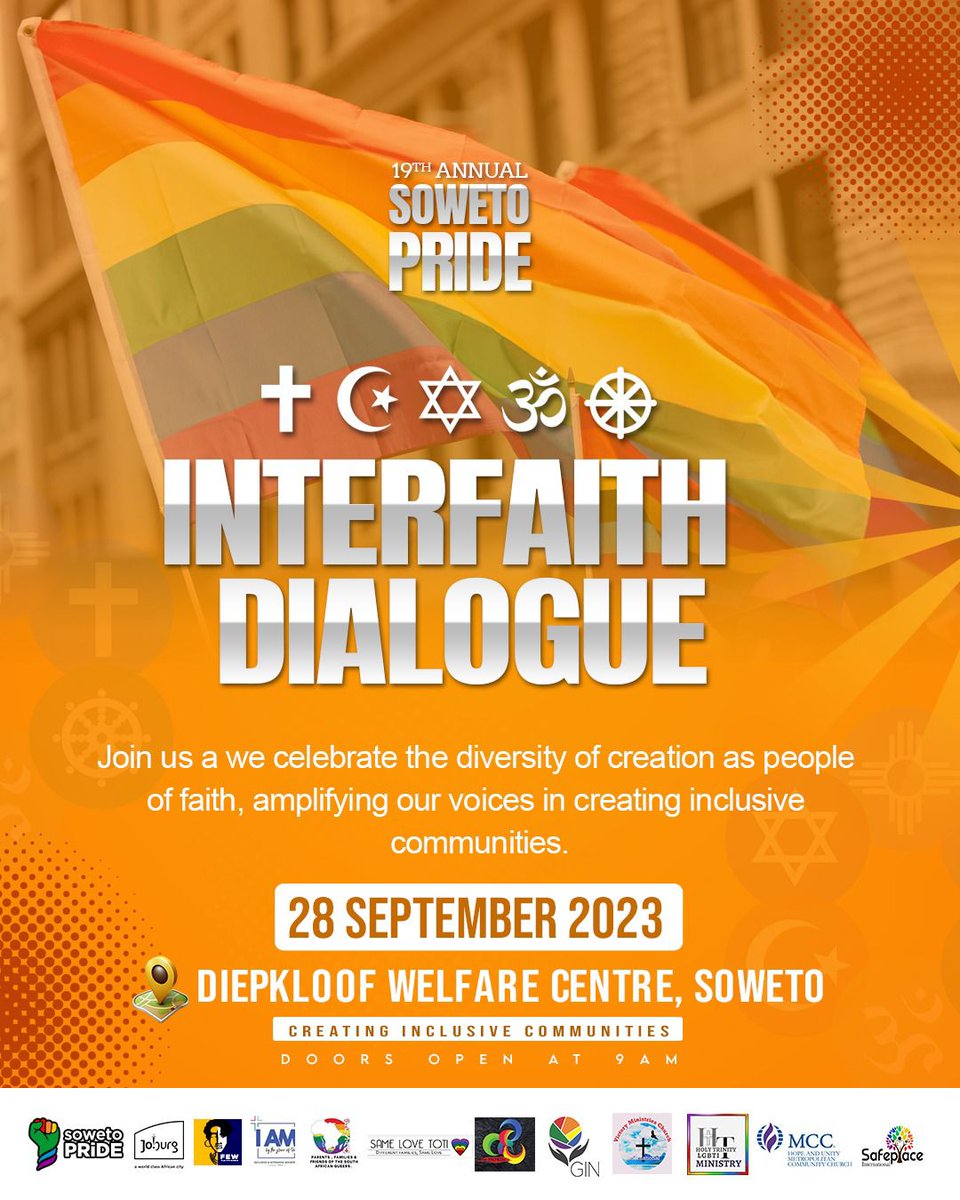 Many things divide us, but one thing brings us together as Queer people of faith. How do we make it work for us, and create inclusive faith communities? Join us in conversation at our Interfaith Dialogue ahead of Soweto Pride.

#interfaithdialogue #sowetopride #lgbtiq