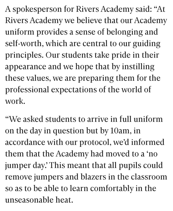 johncosgrove405's tweet image. Children were punished for not wearing blazers AND jumpers in 28° heat and needed the head&apos;s permission to take them off. This isn&apos;t about standards, expectations or behaviour; punishments do not foster a sense of belonging. 

My blog on this nonsense: johncosgrove55.wordpress.com/2023/09/02/a-u…