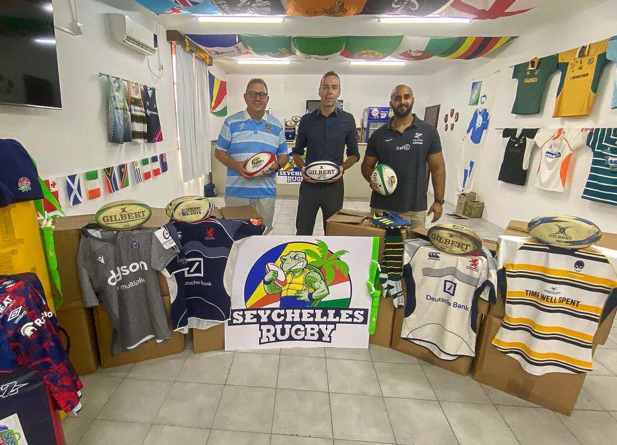We had the pleasure of handing over a large consignment of rugby kits and equipment 🏉 donated by the 🇬🇧's @SOSKitAid to the 🇸🇨 Rugby Union ahead of the opening of its new clubhouse. #RWC2023 #worldrugby