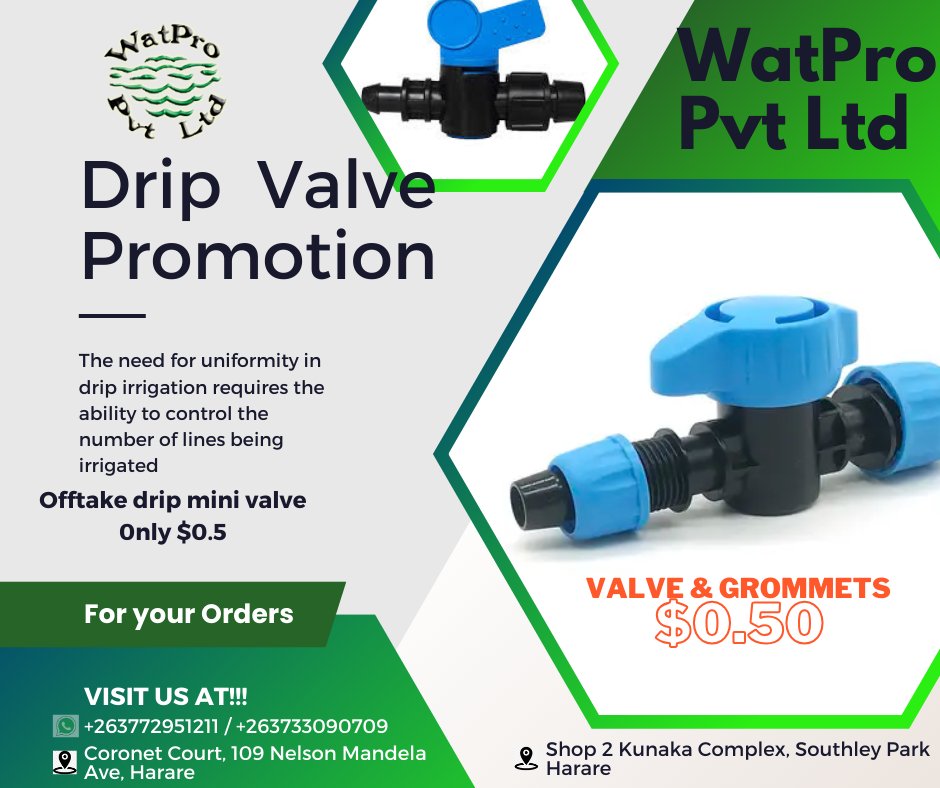 For all your drip fittings at very affordable prices visit us at 109 Nelson Mandela Ave Harare or Shop 2 Kunaka Complex Southely Park opposite council offices call/App 0772951211/0716281233