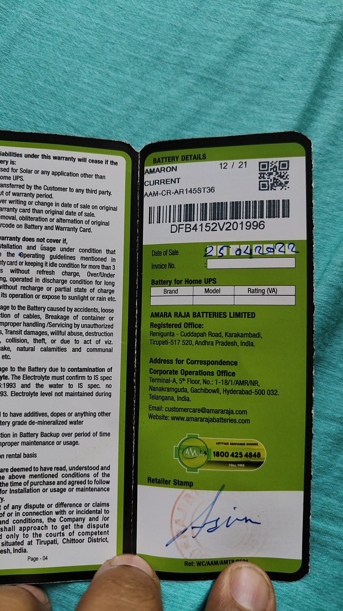 sandeeptecstuff's tweet photo. @amaronofficial I bought an amaron inverter battery last year on 25/04/2022. Battery is not working. I tried calling customer service. But no response from them. kindly replace the battery asap https://t.co/qRhzcYxsIs