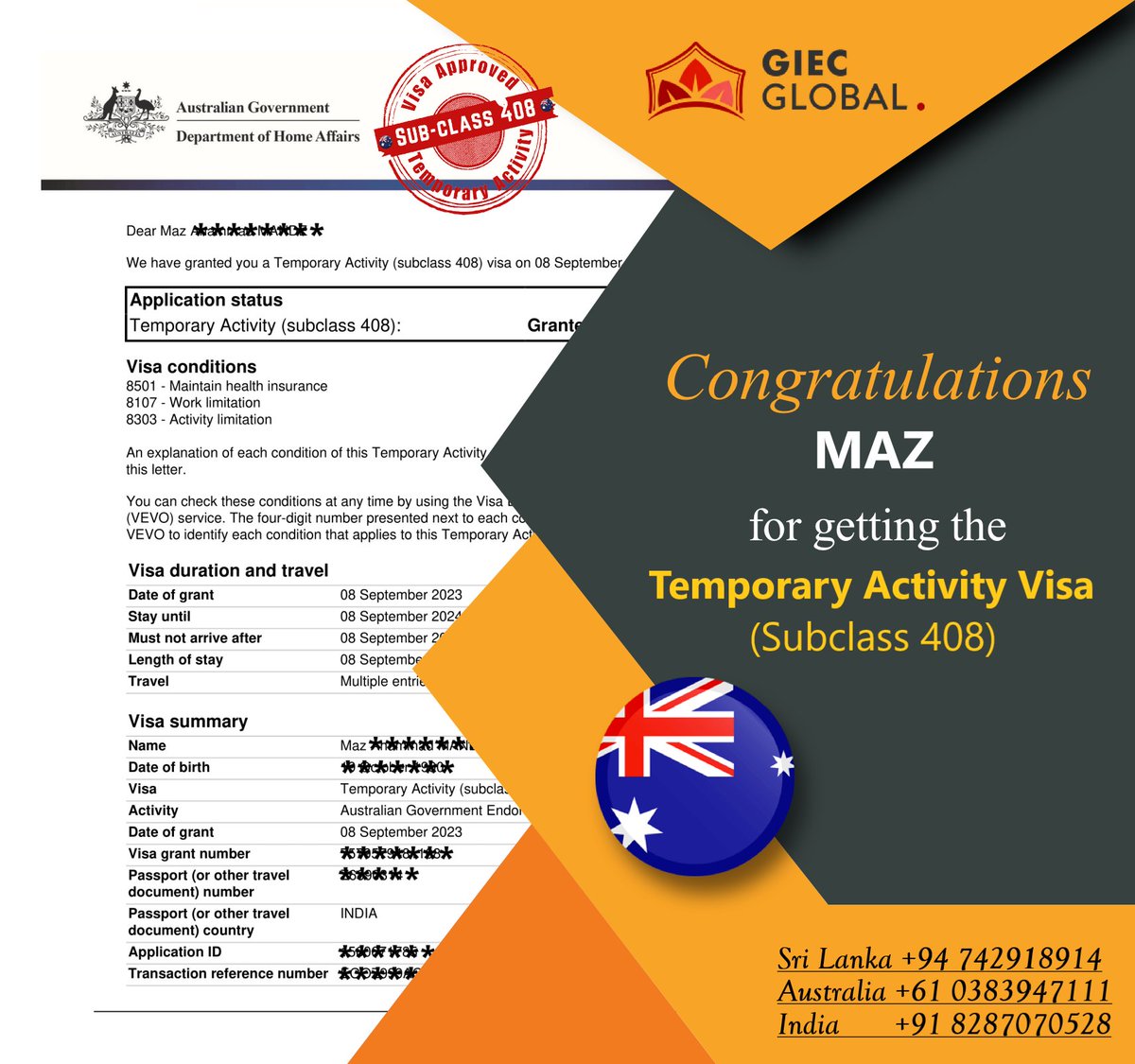 GiecGlobal's tweet image. 📷📷𝗖𝗹𝗶𝗲𝗻𝘁 𝗦𝘂𝗰𝗰𝗲𝘀𝘀 𝗶𝘀 𝗼𝘂𝗿 𝗦𝘂𝗰𝗰𝗲𝘀𝘀.
𝗢𝘂𝗿 𝘄𝗼𝗿𝗸 𝘀𝗽𝗲𝗮𝗸𝘀 𝗺𝗼𝗿𝗲 𝘁𝗵𝗮𝗻 𝗮𝗻𝘆𝘁𝗵𝗶𝗻𝗴. 📷📷📷.

Temporary Activity Visa Granted!!!

giecglobal.com/work/work-aust…

#giecglobal #subclass408 #workinaustralia #australiastudyvisa #TemporaryActivityVisa