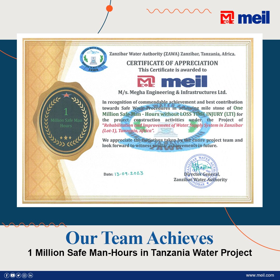 MEIL_Group's tweet image. #MEIL teams in #Tanzania hit 1 Million #SafeManHours on the "#Zanzibar #WaterSupply System" project. Received Certificate of #Appreciation from #ZAWA on Sept 13, 2023. Cheers to our dedicated team for their commitment to #safety &amp;amp; #excellence!
#SafetyFirst  #congratulations