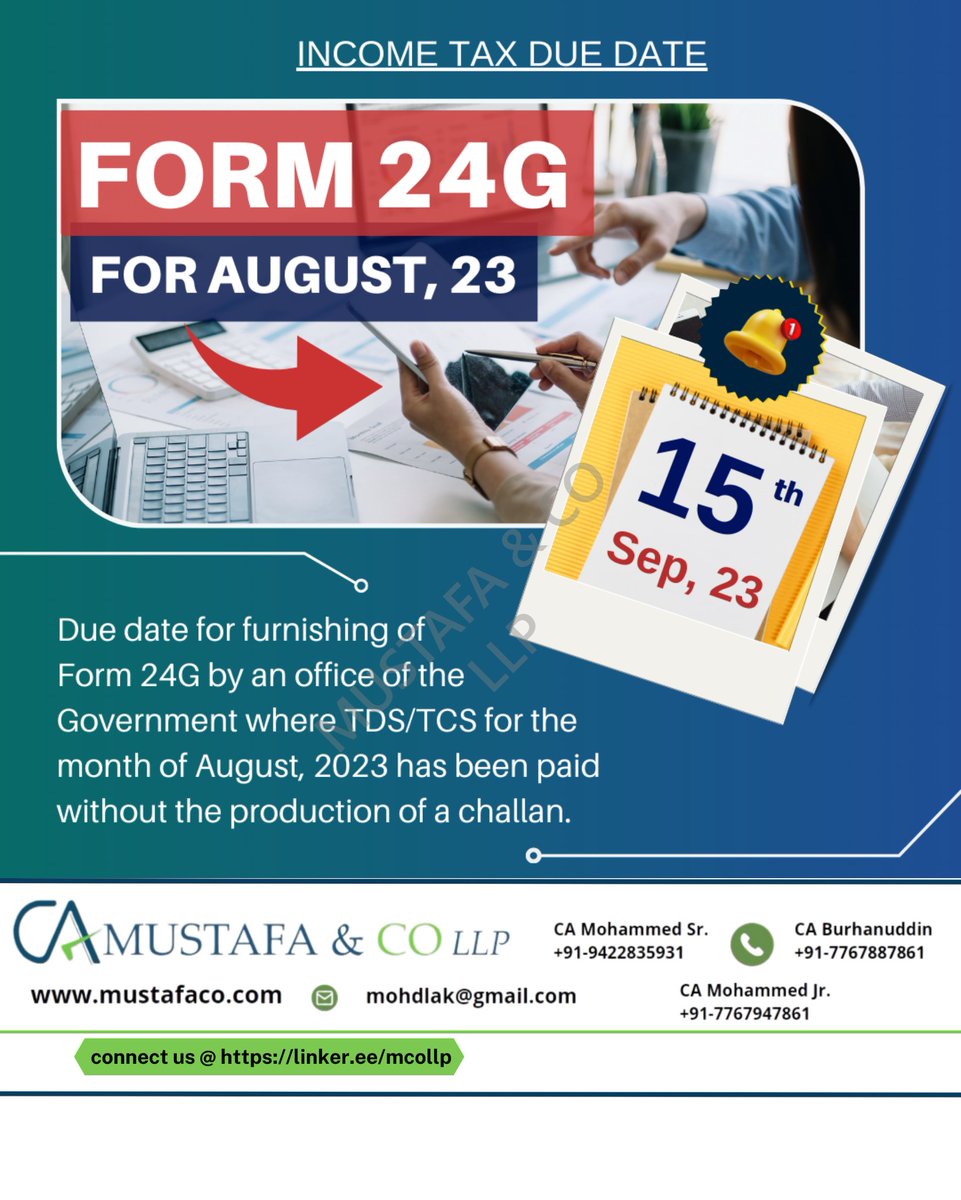 meplchd's tweet image. Due date for furnishing of Form 24G by an office of the Government where TDS/TCS for the month of August, 2023 has been paid without the production of a challan.

#Form24G #TDSStatement #TDSCompliance #GovernmentReporting #FinancialReporting #TaxLiabilities #IncomeTaxObligations