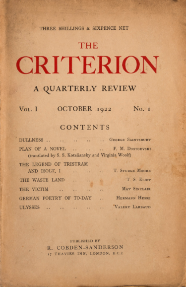 johnstonglenn's tweet image. The first issue of TS Eliot's Criterion appeared OTD in 1922 and in it The Waste Land.
