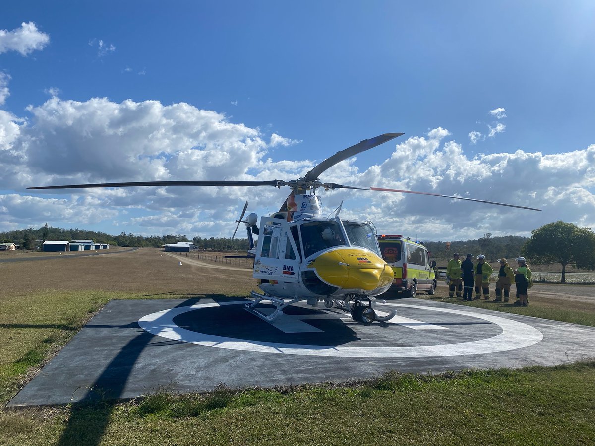 #RACQ #CQRescue has been tasked to airlift a 63 year old man to hospital from Lakeside Airpark after his cane haulout vehicle blew a tyre and rolled into a dam at Bloomsbury.