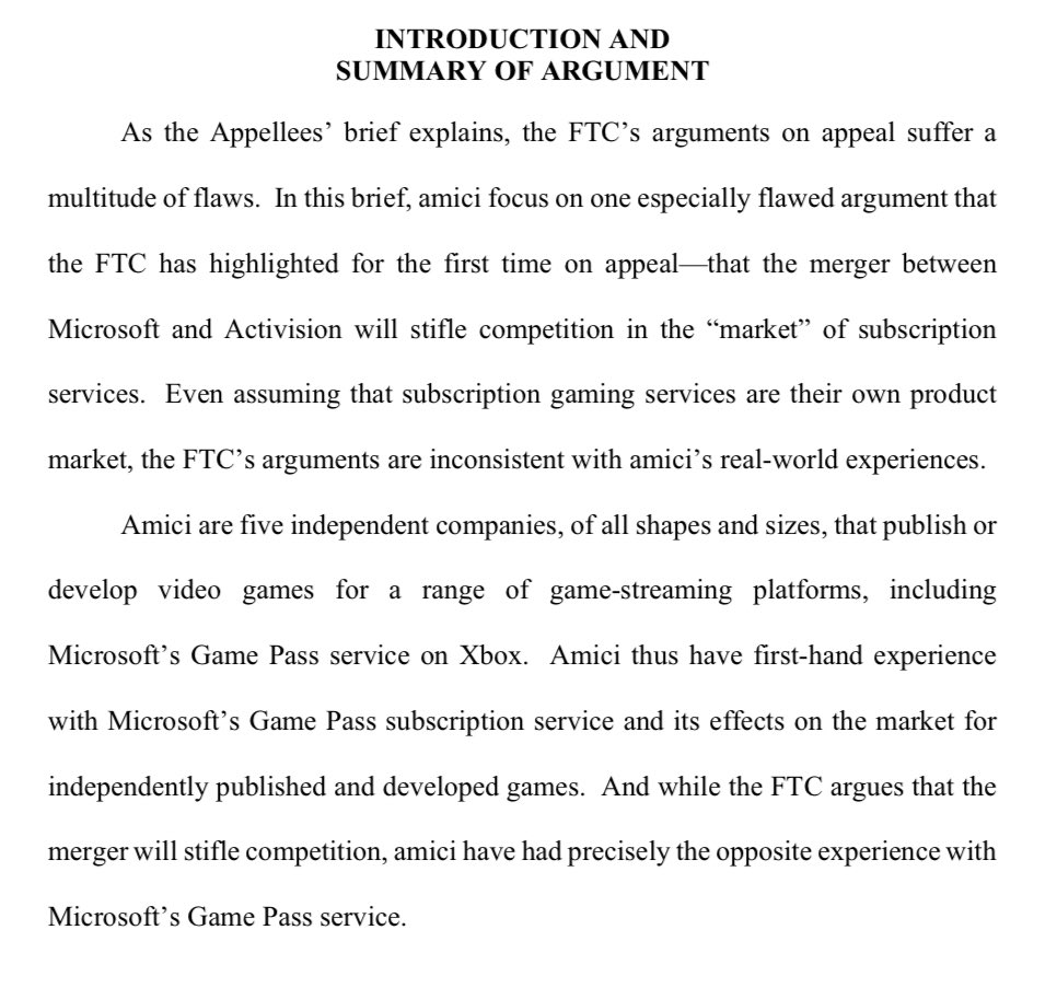 tomwarren's tweet photo. FTC v. Microsoft appeal update. 9 amicus briefs have been filed in support of Microsoft’s Activision Blizzard deal from: 

• Chamber of Commerce
• CWA union and AFL-CIO
• a group of venture capitalists
• former regulator enforcers
• indie devs - Curve, iam8bit, Finji, Strange Scaffold, Studio Wildcard
• Business Roundtable
• former State AGs
• TechFreedom
• a collection of economists 

the collection of indie devs describe Xbox Game Pass as “crucial to the success of indie games” and that the FTC’s arguments “rest on theories that bear no resemblance to the market experienced by
game developers and publishers in the real world.”