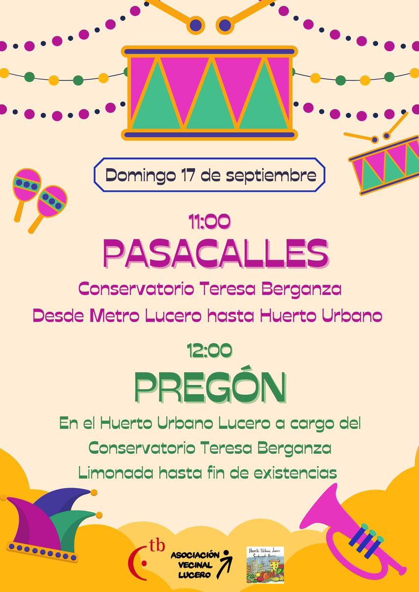 Ba dum plas

Este domingo pasacalles a las 11 en el metro hasta el huerto amenizado por la banda de música del conservatorio Teresa Berganza

Allí se leerá el pregón y se invitará a limonada a los asistentes

Muévete con el barrio y baila con tus vecinas