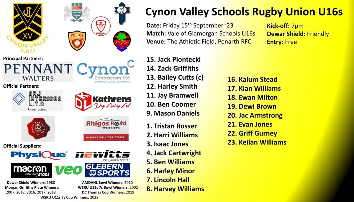 CVSRU's tweet photo. 📢 Y11/U16s Dewar Shield:

Here is your @CVSRU squad to play @ValeSchoolsU15 this Friday 7pm @PenarthRFC 🖤💛🏉

@AllWalesSport @AberdareOnline @WRU_Community @Cardiff_Pathway @ACS_Sport @WRUHub_MACS @AGRhydywaunPE @StjohnboysPE https://t.co/RyORGJTpI0