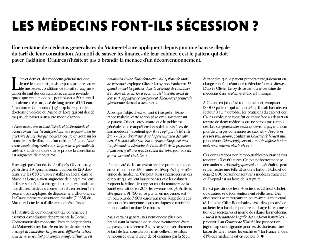 dasilva_p13's tweet photo. "Les médecins font-ils sécession ?"
Admirable article du journal d'Anjou @LaTopette49 à propos de l'augmentation illégale des tarifs de certains médecins de secteur 1 qui font payer à leur patientèle 5€ de plus par acte.
Que font @Assur_Maladie et @Sante_Gouv ? https://t.co/DJc0yDslXz